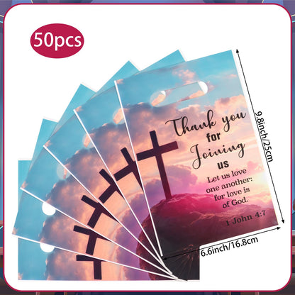 Hooqict 50PCS Welcome to Our Church Bags Plastic Christian Gift Bags with Handle Church Gift Treat Goodie Candy Party Favors Bag for Birthday Religious Baptism Party Decorations Supplies