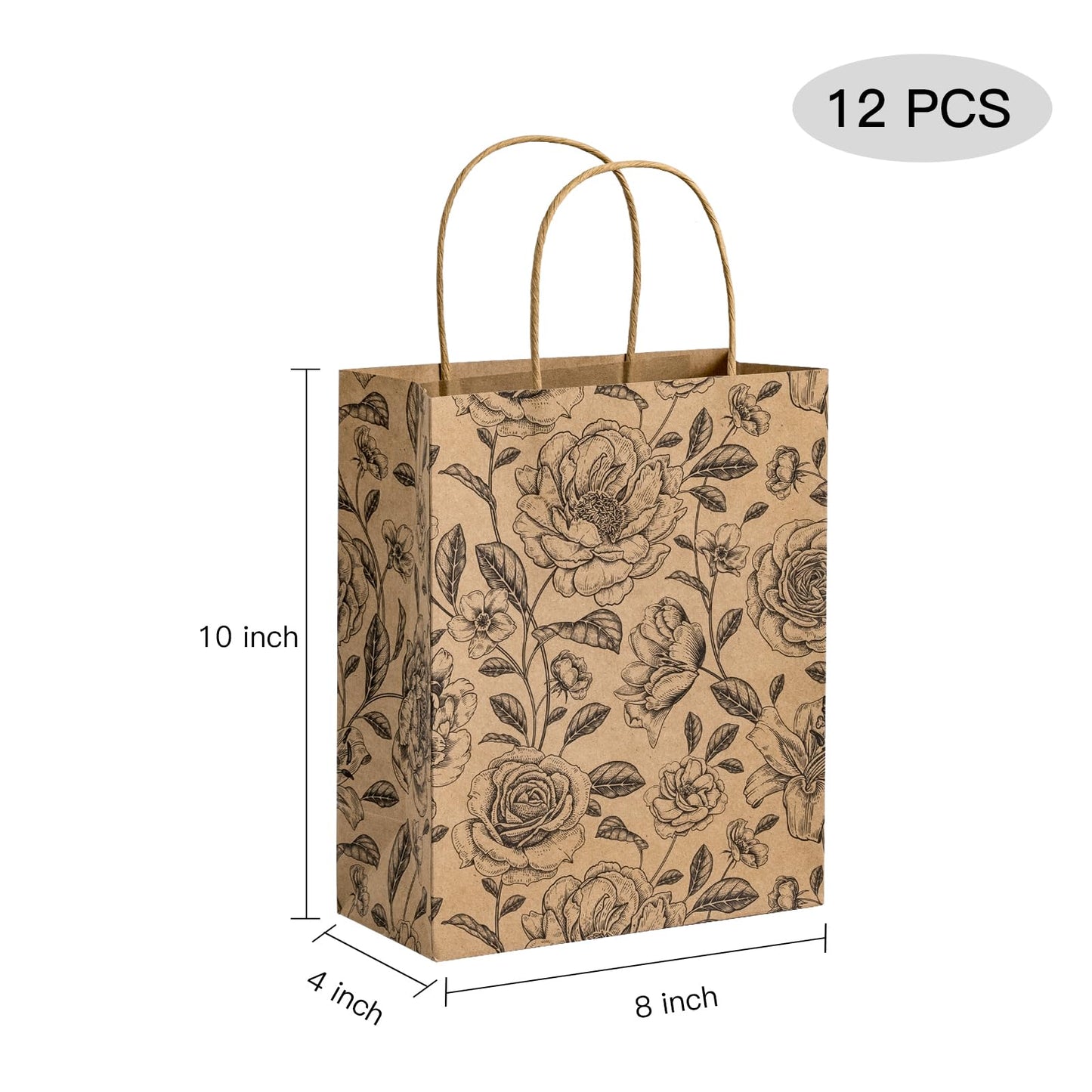 WRAPAHOLIC Medium Floral Kraft Paper Gift Bags - Black Florals Design for Birthday, Baby Shower, Holiday, Party Gift Wrap (Pack of 12)