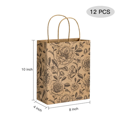 WRAPAHOLIC Medium Floral Kraft Paper Gift Bags - Black Florals Design for Birthday, Baby Shower, Holiday, Party Gift Wrap (Pack of 12)