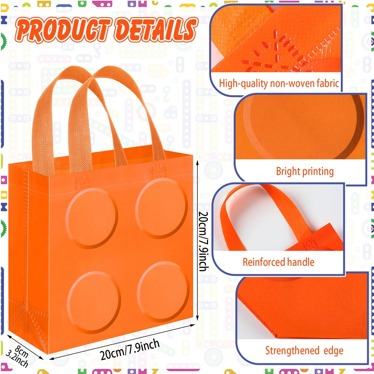 Sweetude 40 Pcs Building Blocks Brick Gift Party Favor Bags with Handle, Non Woven Goodie Bags Birthday Favor for Birthday Baby Shower Packaging Supplies