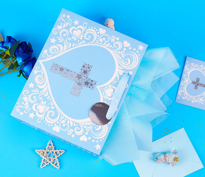 JWSCYSY 12.6" Large Blue Gift Bag with Metallic Silver Star Cross Design, Card and Tissue Paper for Baby Boy Baptisms, Christenings, First Communions Religious