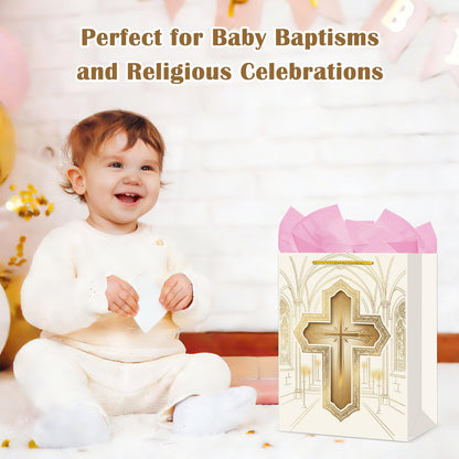 FaCraft Religious Gift Bag with Tissue Paper - Gold Cross First Communion Baptism Gift Bag for Boys Girl Baby Women Men - Catholic Christian Bags with Handle for Christenings Easter Wedding Clergy Day