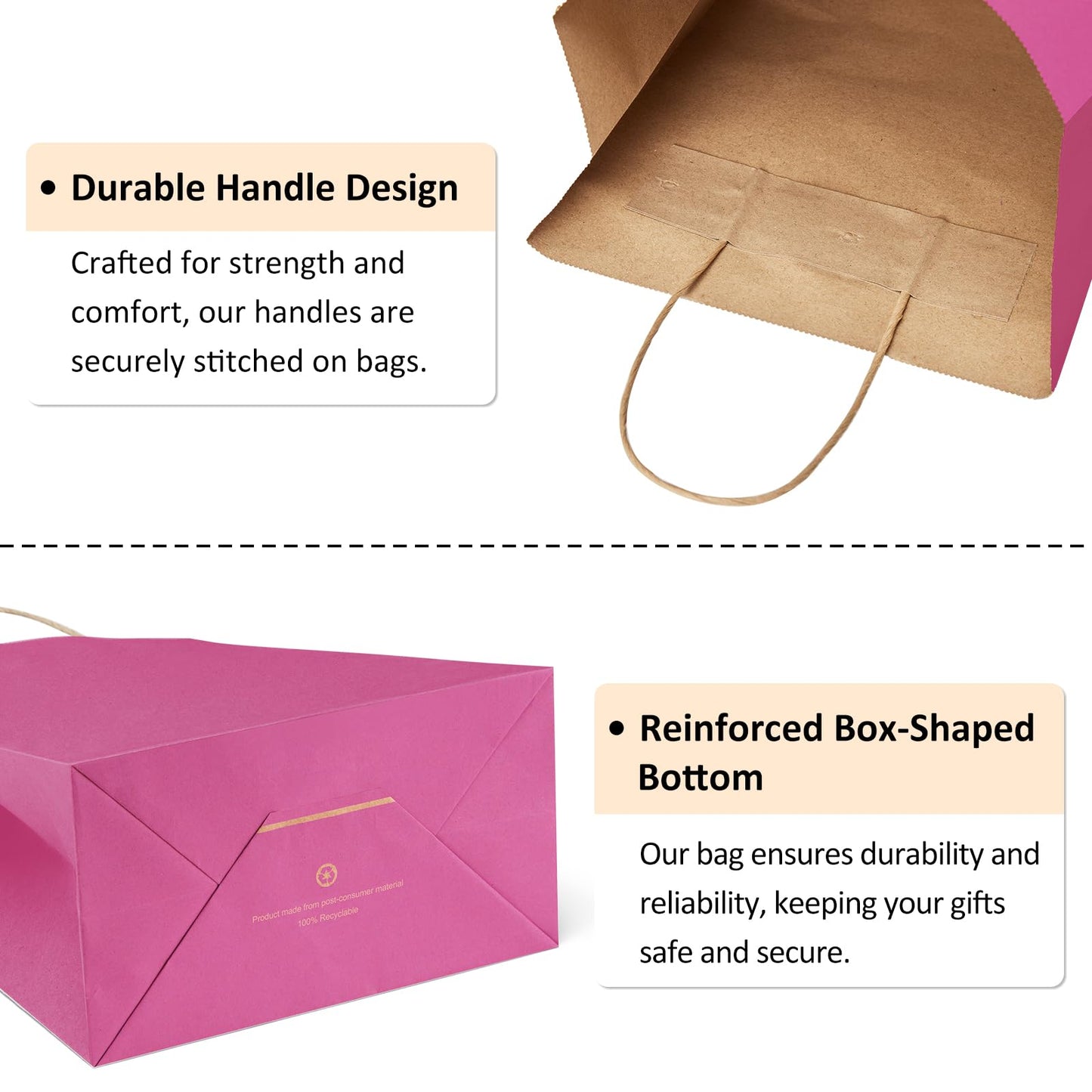 BagDream 25Pcs Hot Pink Gift Bags 8x4.25x10.5 Kraft Paper Gift Bags with Handles for Shopping, Small Business, Retail Merchandise Grocery, Birthday Party Favor, Medium Pink Paper Sacks