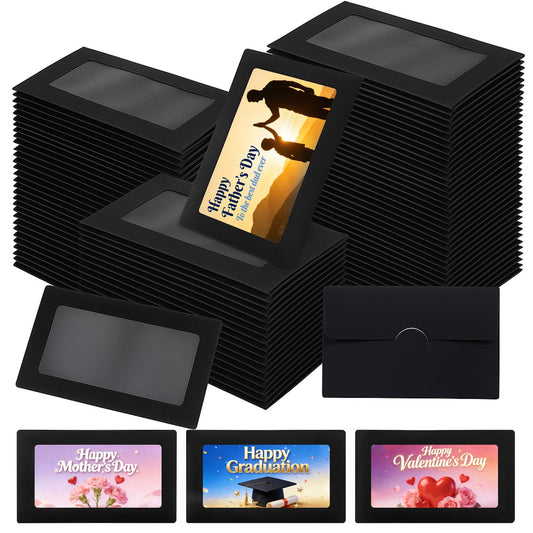 300Pcs Gift Card Envelopes, 3.9'' x 2.4" Black Gift Card Sleeves Bulk with Window, Mini Envelopes Sleeves for Father's Day, Graduation Season