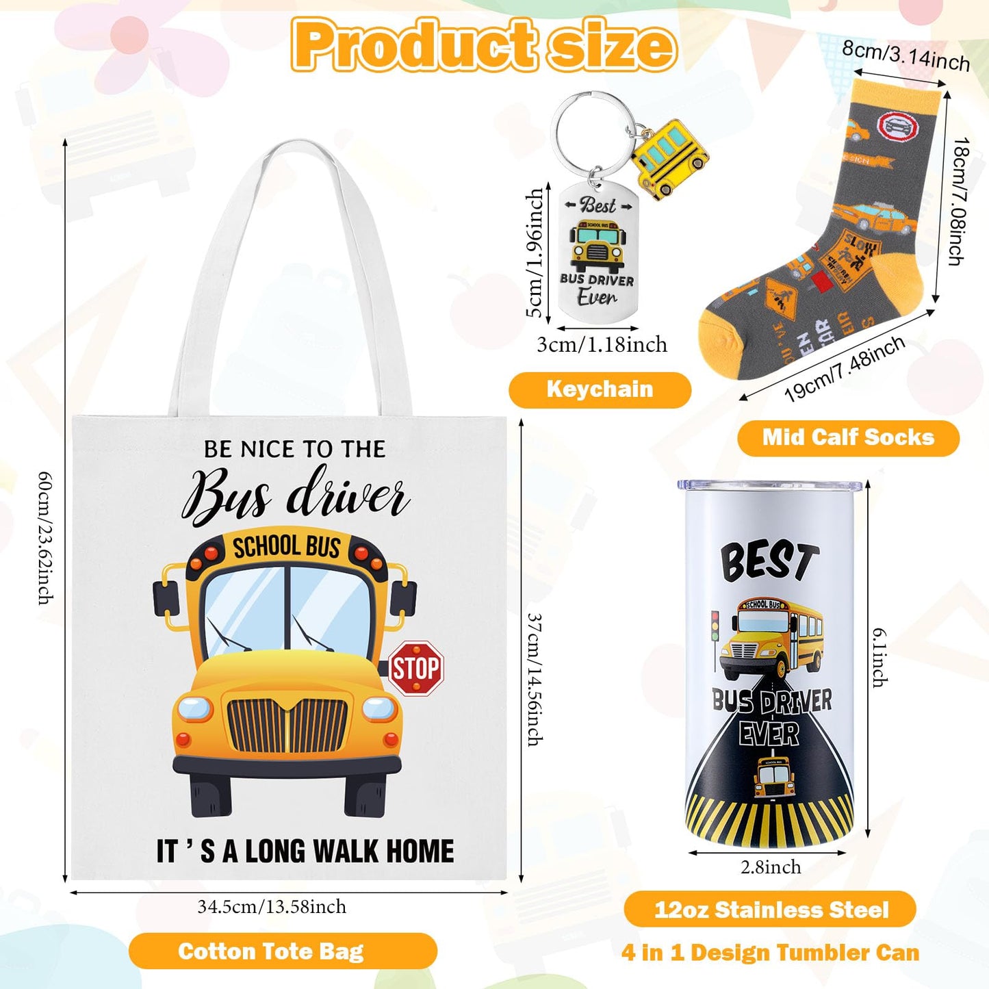 Sieral 4 Pcs School Bus Driver Appreciation Gifts for Women Men 12 oz Stainless Steel 4 in 1 Design Bus Driver Tumbler Cup and Lids Funny Bus Driver Canvas Bag Bus Driver Keychain Bus Driver Socks