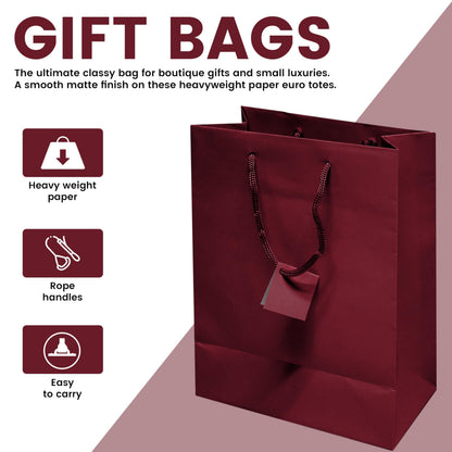 Novel Box Burgundy Gift Bags with Handles 10 Pack 8x4x10 Inches Large Paper Bulk Gift Bags for Business, Shopping, Birthday, Party Favor - Euro Tote Paper Bag for Groceries & Personal Use