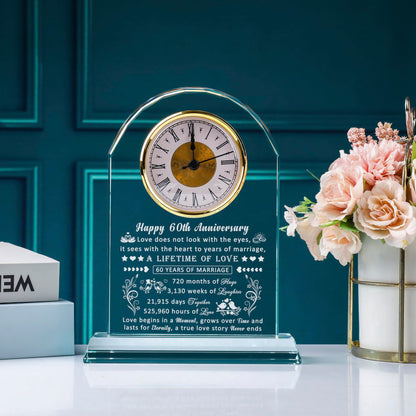 60th Wedding Anniversary Glass Quartz Clock Gifts for Women Men, 60 Year Anniversary Romantic Gift for Him Her, Diamond Anniversary Clock Gifts for Couple, 60 Years of Marriage Gifts