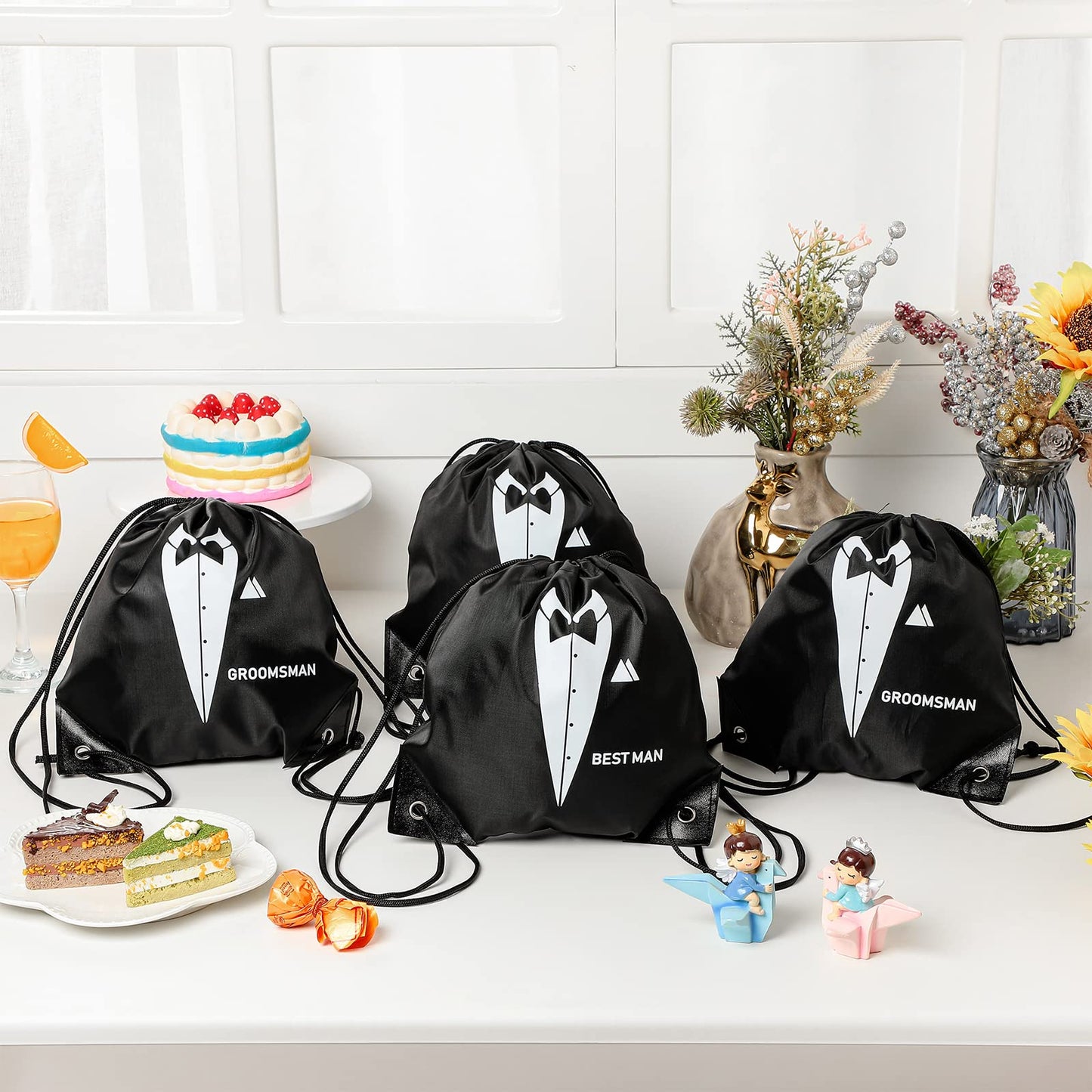 Shappy 7 Pack 9 x 9.9 Inches Groomsmen Gifts Bags for Wedding Party Favor Bags with Drawstring Black Bachelor Present Set for Groomsman Proposal Father's Birthday Anniversary Boss Party Supplies