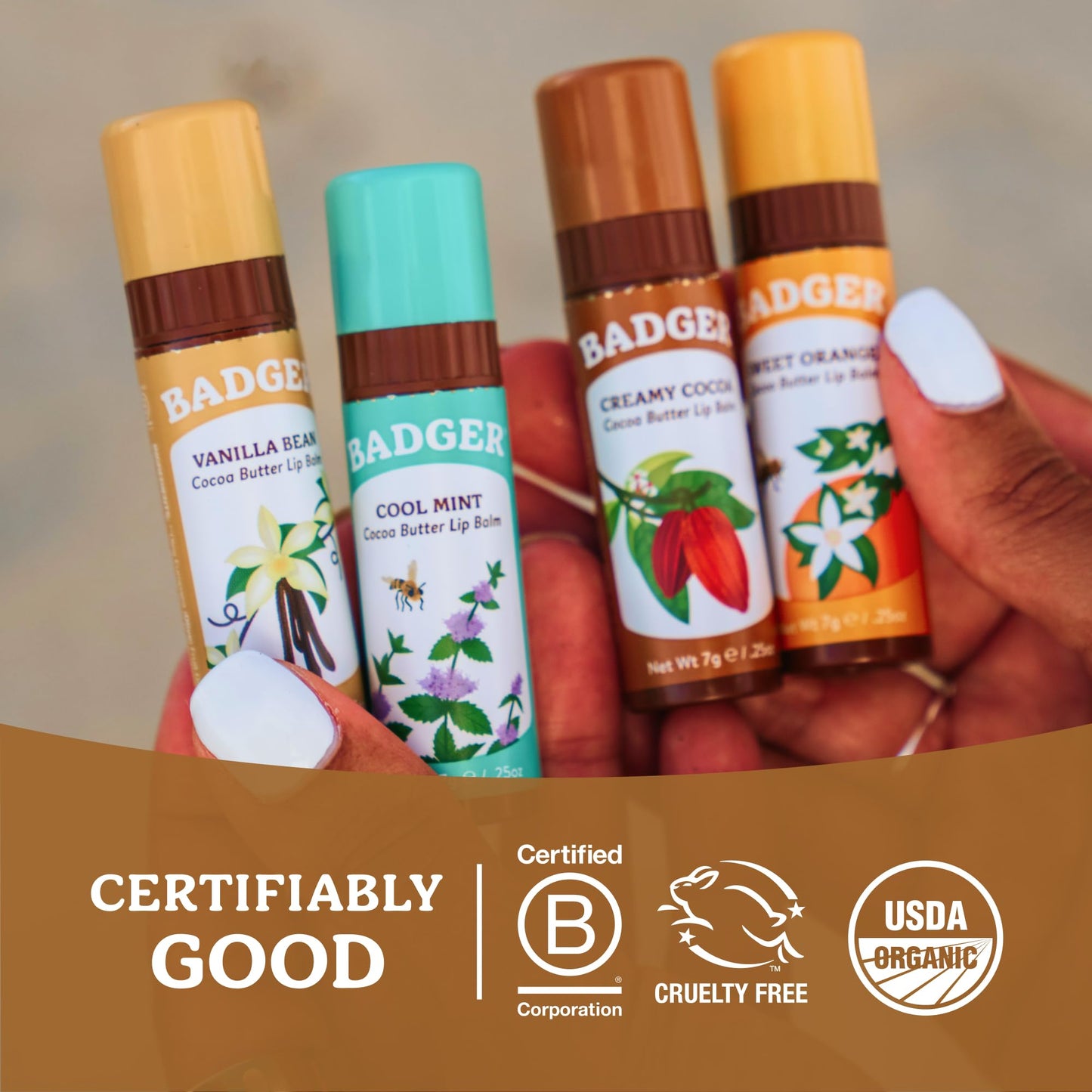 Badger Cocoa Butter Lip Balm Set, 100% Organic, Long Lasting Lip Moisturizers, Lip Care Variety Pack (Cocoa, Orange, Mint & Vanilla), All Natural Lip Balms, 4-pack