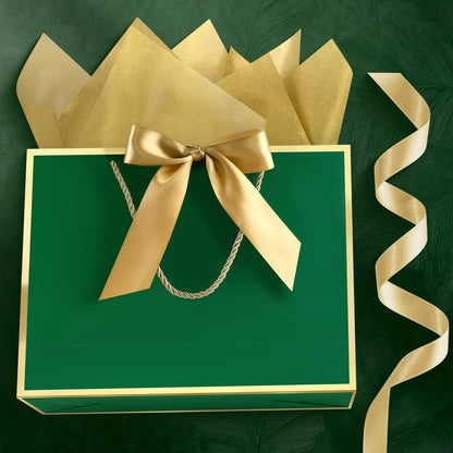 JMANNI 1PCS Gift Bag with Ribbon and 1 Greeting Card 2 Tissue Papers, Portable Paper Gift Bag with Handles for Graduation Baby Shower Wedding Fathers Day Mother's Day Birthday Party (green gold