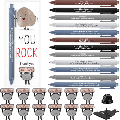 Sayglossy 24 Sets Employee Appreciation Funny Gift Motivational You Rock Gifts Bulk Ballpoint Pens Inspirational Cards Brooch Pin Organza Bags Inspirational Gift for Coworker Staff