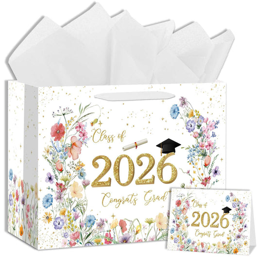 Zliisang 1PCS Class of 2026 Graduation Gift Bag for Girls with Tissue Paper and Greeting Card Wildflower Floral Congrats Grad Party Favor Supplies Graduation Party Decorations