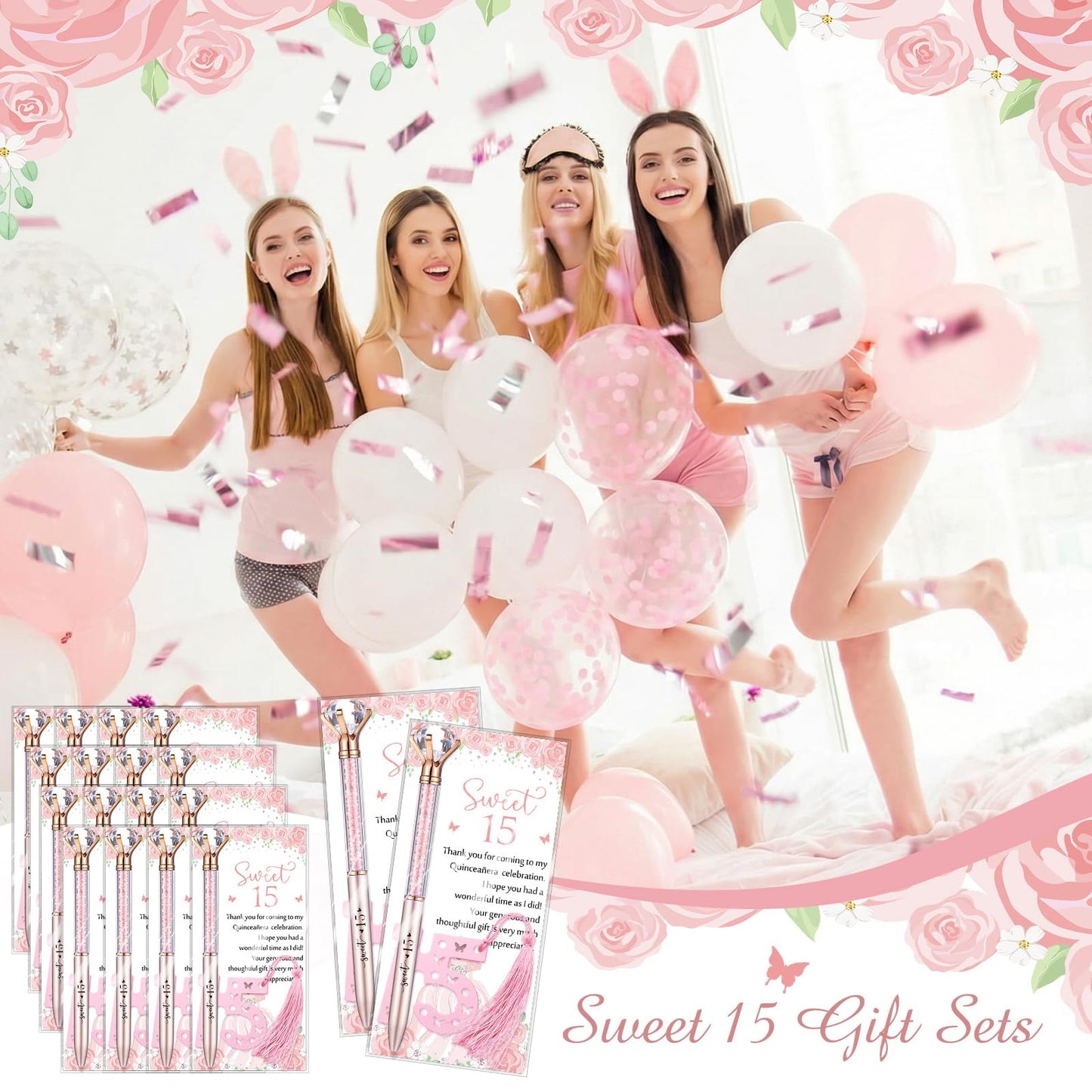 Sayglossy 120 Pcs Quinceanera Party Favors Sweet 15th Thank You Gifts Diamond Pens with Cards Bookmarks Retractable Ballpoint Bling Pens Recuerdos Para 15 Anos Quinceaneras Gifts for Guests(Rose Gold)