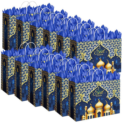 CMSSHUAI 12 Pcs Eid Mubarak Gift Bags with Handles 12.8 x 10.4 x 4.4 Inch Large Ramadan Tote Bags Eid Mubarak Paper Treat Goodie for Gifts Wrapping Ramadan Party Supplies