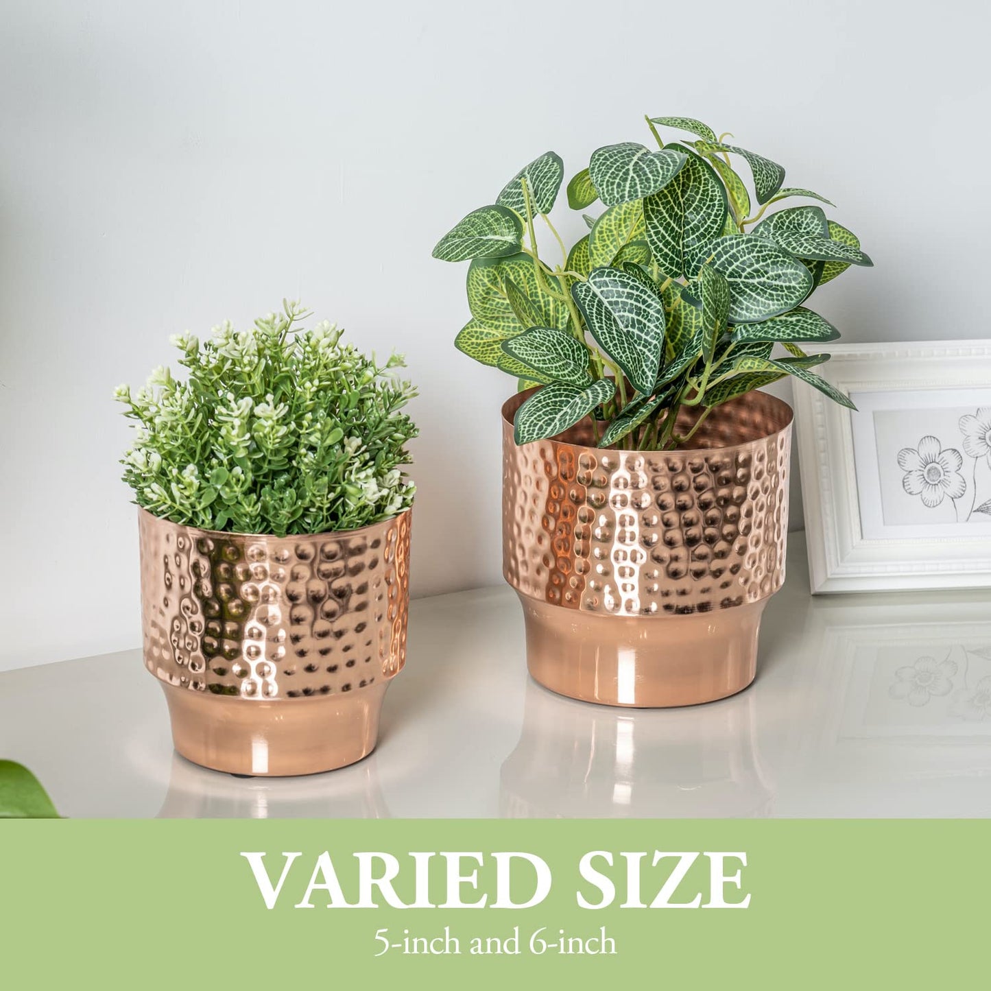 MyGift 5 and 6 Inch Modern Hammered Copper Tone Metal Planter Pots, Decorative Flower Pot Plant Container Centerpiece Décor, 2 Piece Set - Handcrafted in India