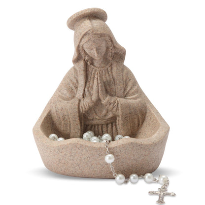 Virgin Mary Statue, Catholic Gifts for Women, Virgin Mary Keepsake Rosary Holder, 5.5" Blessed Mother Statues, Catholic Decor (Sandstone)