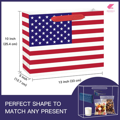 WRAPAHOLIC 13" Large USA Flag Patriotic Gift Bag with Tissue Paper - American Flags 4th of July Gift Bags for Independence Day, Memorial Day and Patriotic Shower