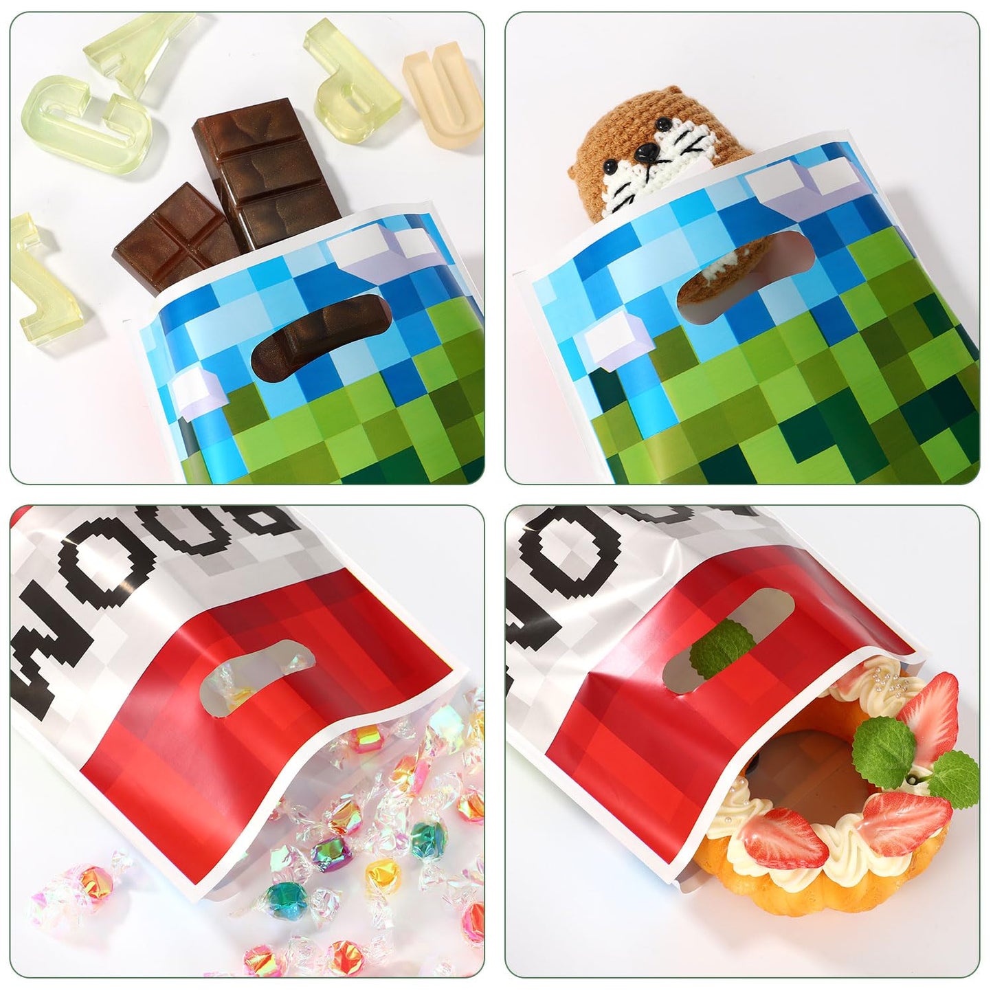50pcs Party Favor Bags, Pixel Video Game Theme Gift Treat Bags Boom Plastic Candy Snack Bag with Handles for Kids Boys Girls Gamers Birthday Party Supplies (Blue, Green, Red)