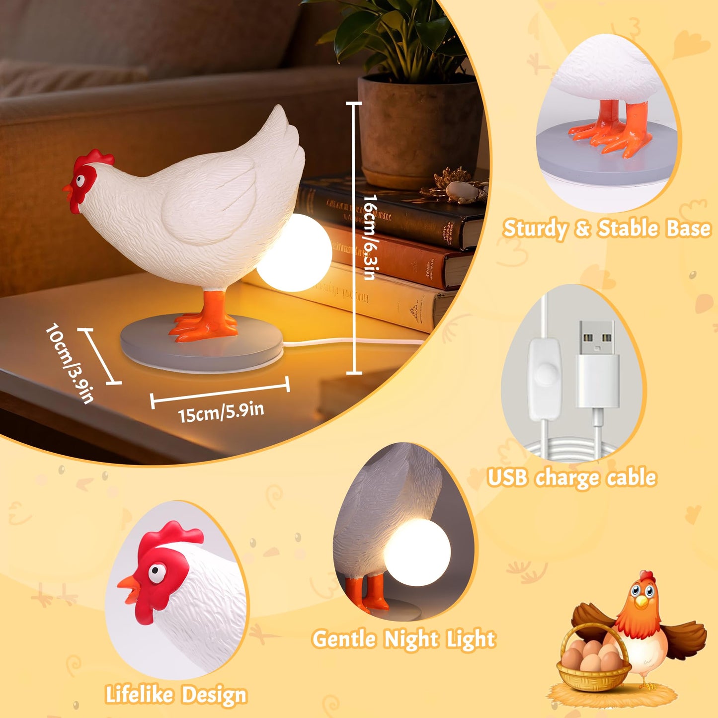 OkiyiD Chicken Egg Lamp, Funny Hen Chicken Table Lamp, LED Egg Night Lght, Resin Chicken with Stepless Dimming Function, Decoration for Home, Bedroom, Study Room