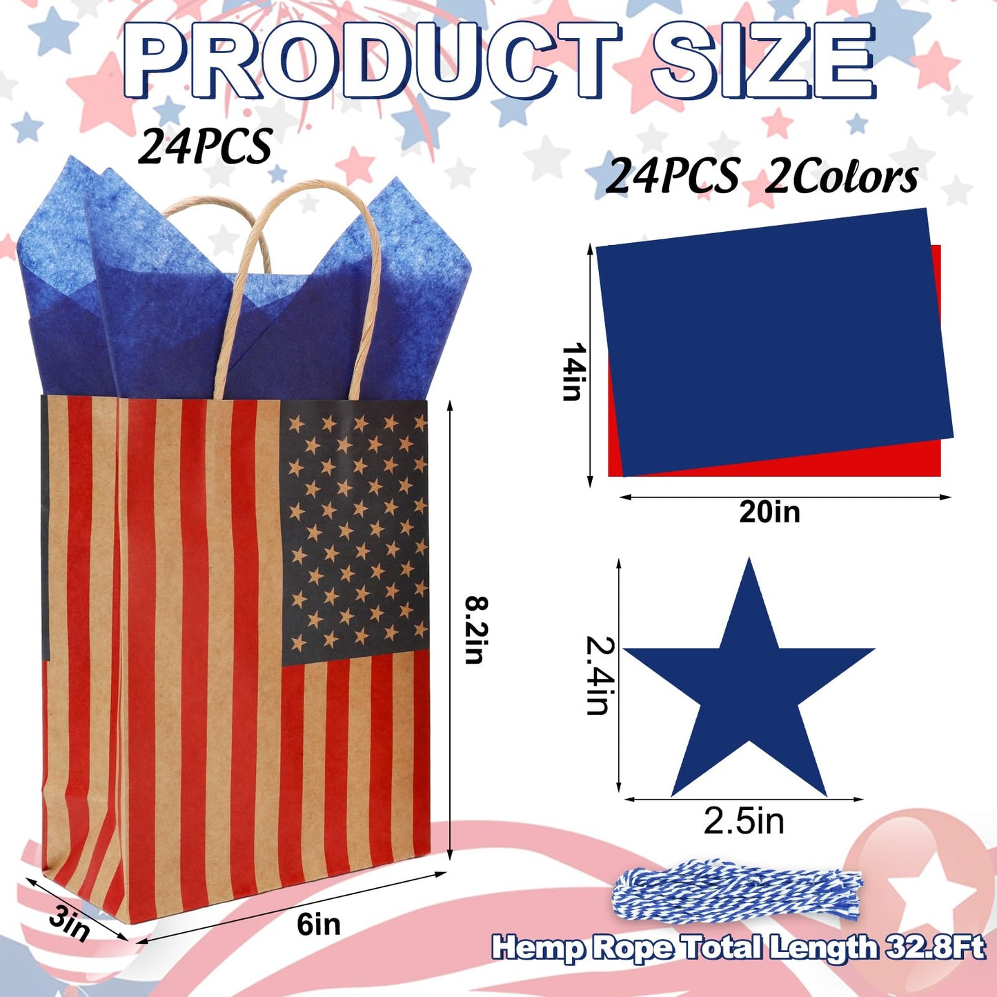JarThenaAMCS 24 Pcs Patriotic Paper Gift Bags with Tissue Paper Star Gift Tag Rope 4th of July American Flag Kraft Goodie Treat Bag with Handles for Independence Day 250th Anniversary Memorial Day