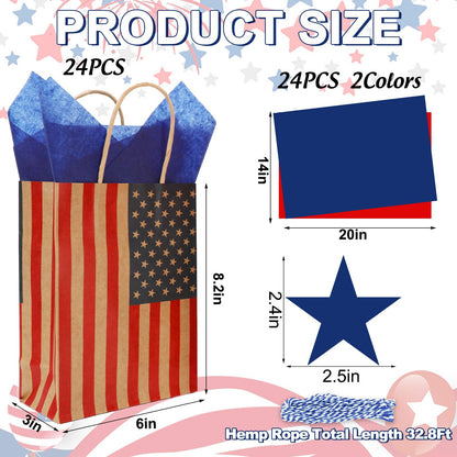 JarThenaAMCS 24 Pcs Patriotic Paper Gift Bags with Tissue Paper Star Gift Tag Rope 4th of July American Flag Kraft Goodie Treat Bag with Handles for Independence Day 250th Anniversary Memorial Day