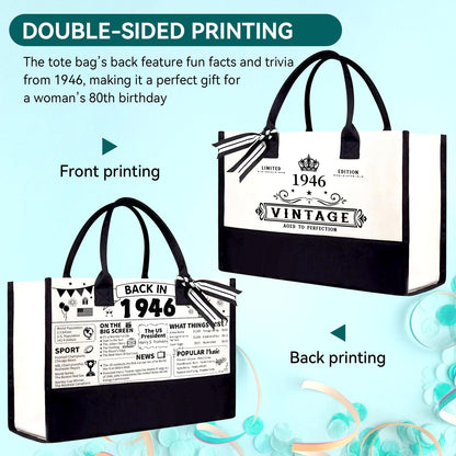 80th Birthday Gifts for Women Her- 4 pcs, Turning 80 Year Old Gifts, Decorations Canvas Beach Tote Bag & Makeup Bag, Unique Happy 80th Present for Her Mom Wife Friends