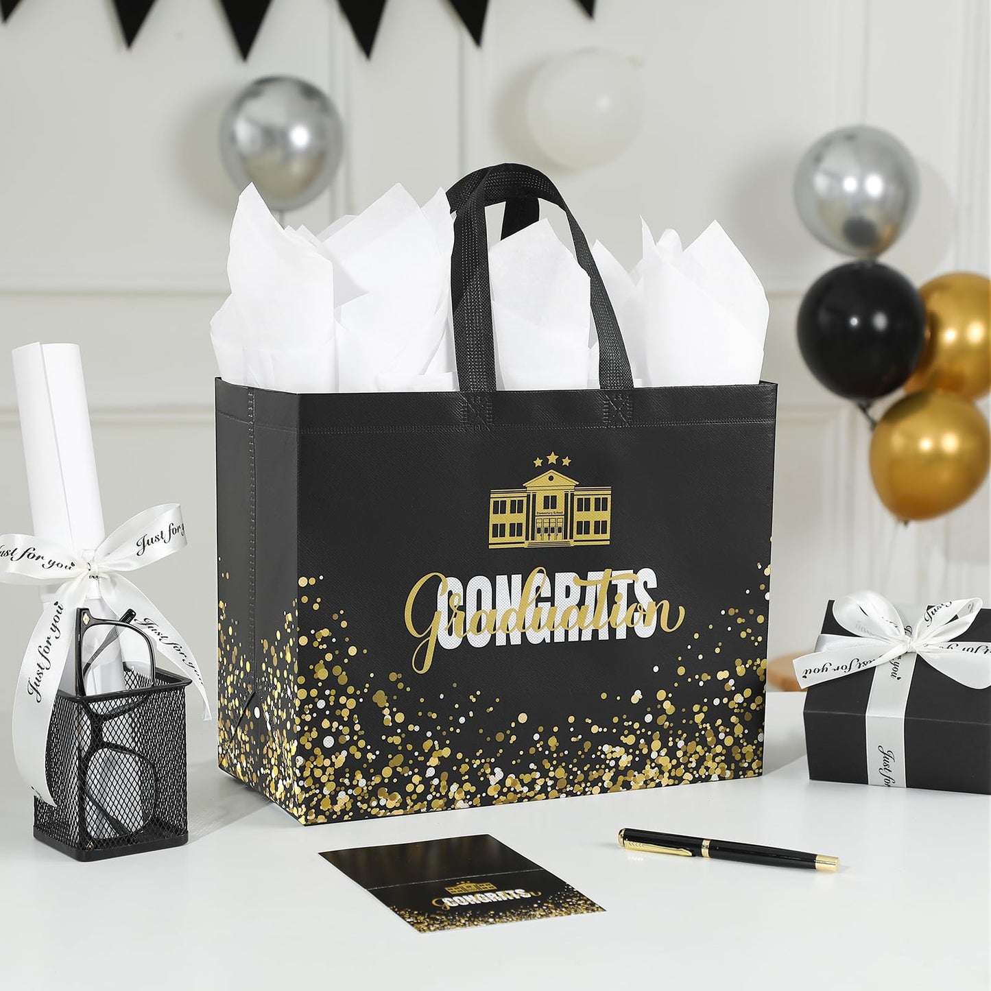 YANGTE 2 Pack 13" Large Graduation Gift Bags with Tissue Paper and Cards, Reusable Non-Woven Graduation Bags with Handle, Congrats Grad Gift Wrap Bags for High School, College