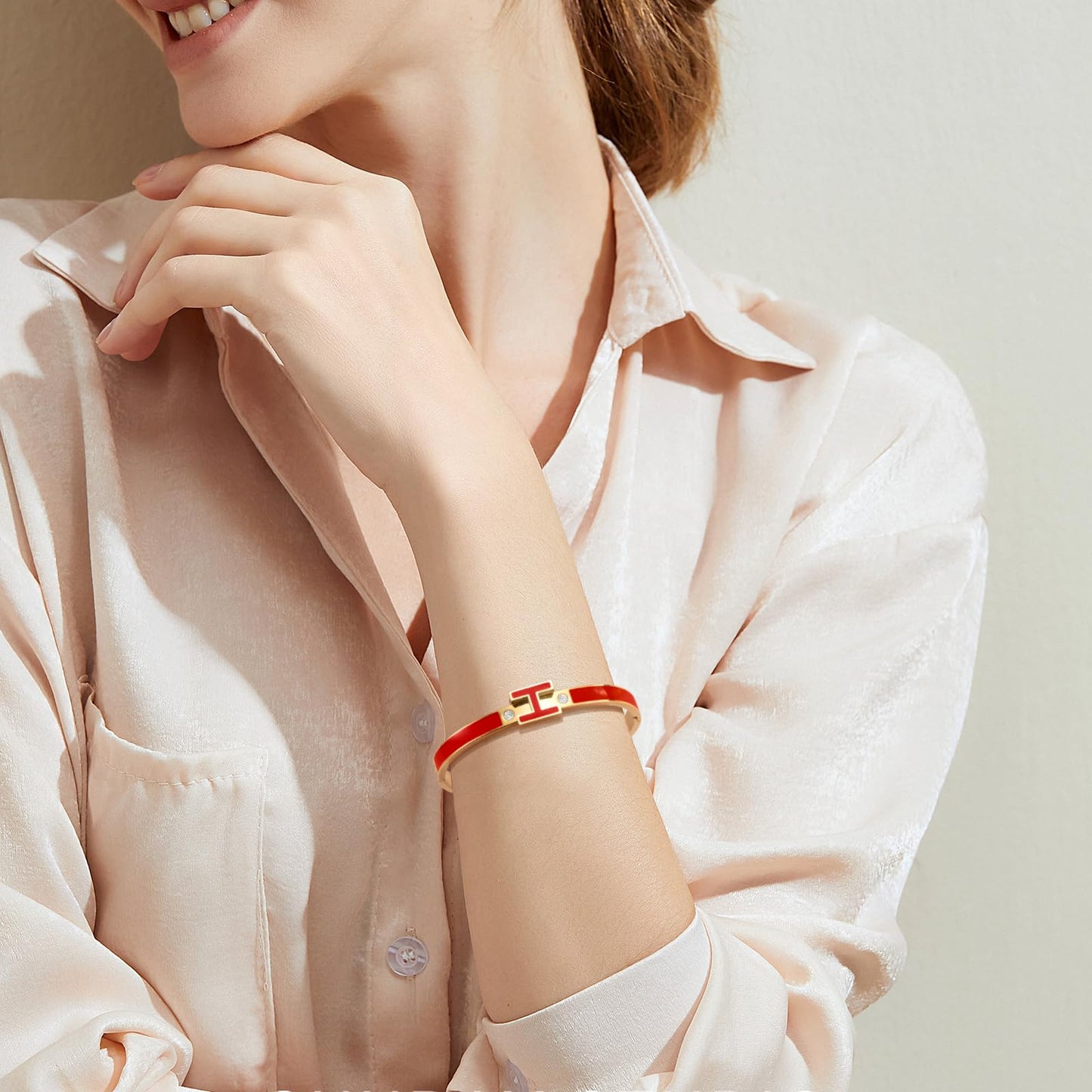 Gold Bracelets for Women, H Bangle Bracelet, Dainty 18K Gold Plated Stainless Steel Enamel Bracelet for Everyday, Work, Party, Stackable Gift for Mom, Wife, Girlfriend