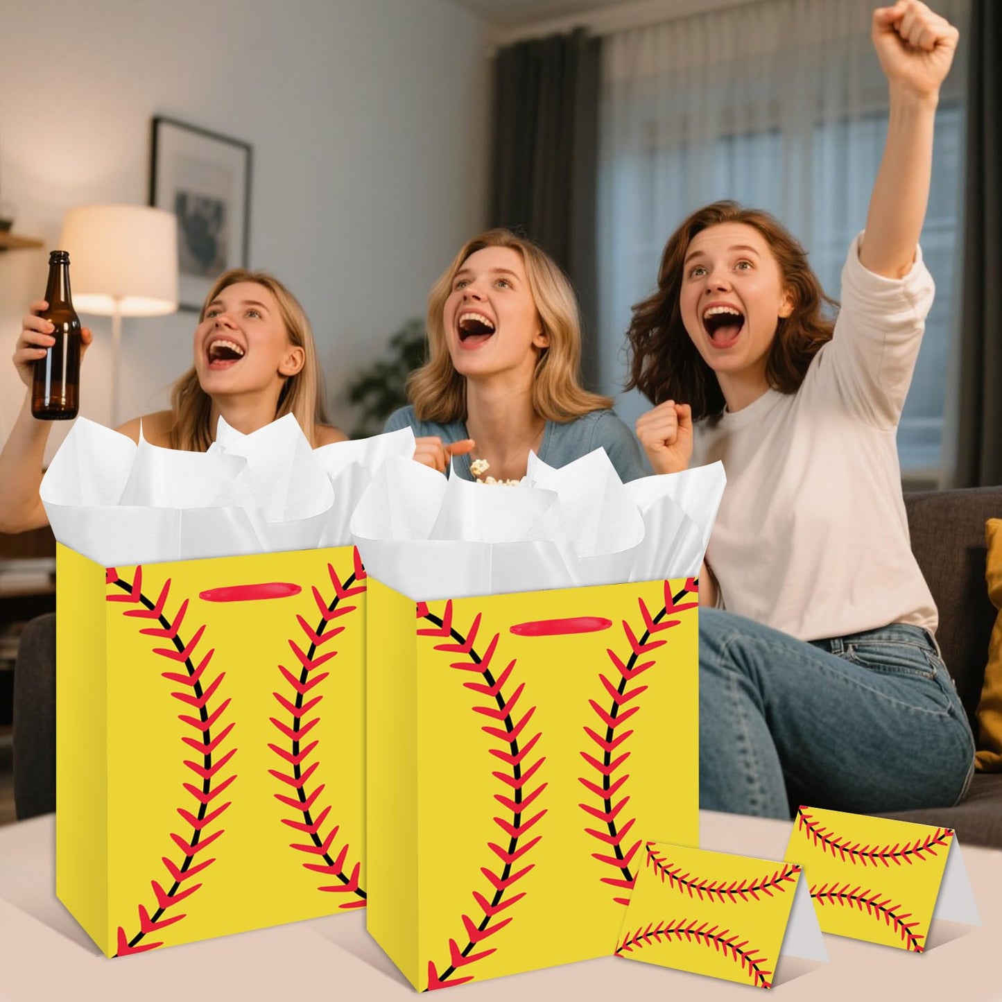Large Softball Party Gift Bag with Tissue Paper and Greeting Card for Girls Women Birthdays Party Favor Sport Birthday Goodie Bag Team Gifts Sports Celebrations
