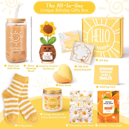 Gift Baskets for Women, 9pcs Unique Happy Birthday Gifts for Women, Best Inspirational Get Well Christmas Sunshine Sunflower Ideas Box for Her Sister Friend Friendship Mom - BRIGHTEN UP HER DAY!