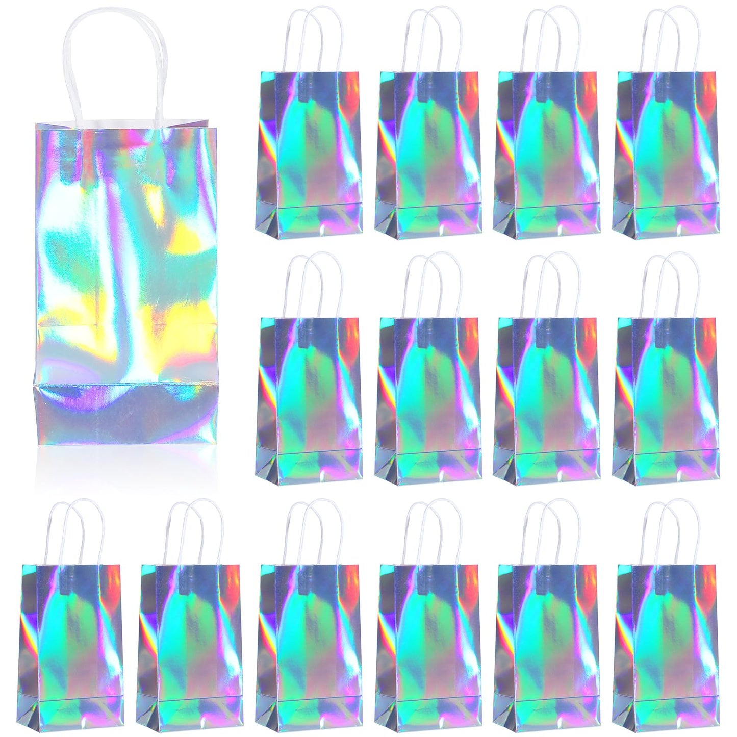 Abeillo 24 Pcs Reusable Paper Gift Bags with Handle, Iridescent Gift Bag Glossy Holographic Goodie Bag Gift Handbag Bulk for Baby Shower Christmas Birthday Party Favor, 8.3 x 4.7 x 3.1 Inch