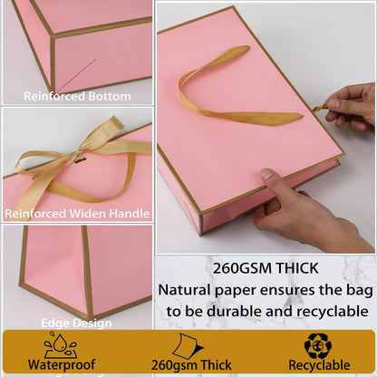 STOBOCTER 12 Pcs Thank You Gift Bags with Handles 12.6"x4"x9.1'' Welcome Bags Return Gifts with Bow Ribbon for Wedding Bridesmaid Baby Shower Graduation Housewarming Birthday Party(Pink, Gold)