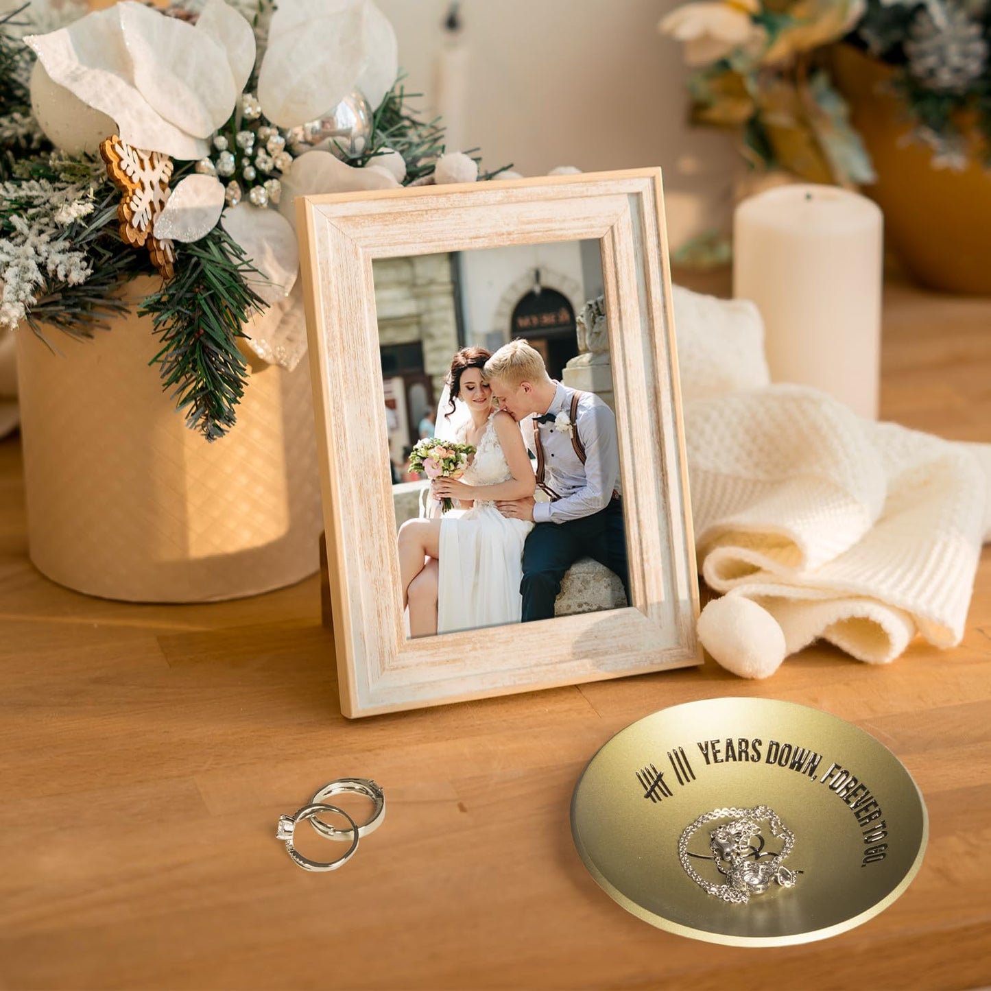 ROINS 8 Year Anniversary Bronze Gifts for Him Her, 8th Wedding Anniversary for Wife Husband, 4" Metal Ring Holder Dish Jewelry Tray - Unique Decoration Ideas Bronze Gift For Men Women Couple