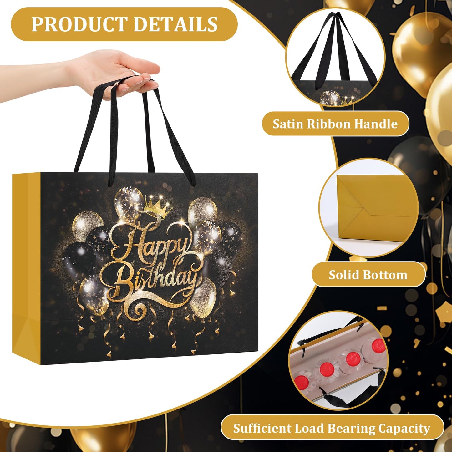Black Birthday Gift Bag with Tissue Paper and Greeting Card, 12.6“x9.9"x4.3" Happy Birthday Gift Bags for Party, Yellow Balloon Design Gift Wrap Bags Decor for Men, Women and Kids, 1 PCS, Medium Size