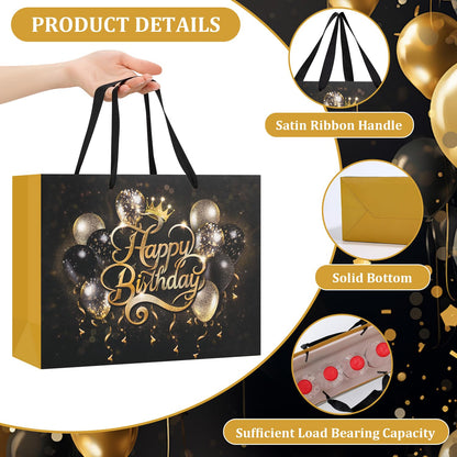 Black Birthday Gift Bag with Tissue Paper and Greeting Card, 12.6“x9.9"x4.3" Happy Birthday Gift Bags for Party, Yellow Balloon Design Gift Wrap Bags Decor for Men, Women and Kids, 1 PCS, Medium Size