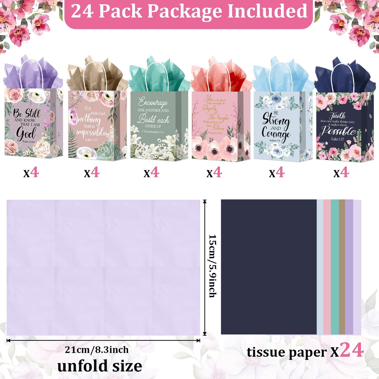 24Pcs Religious Christian Gift Bags Spring Classic Bible Verse Floral Paper Bags Inspirational Motivational Flower Treat Bag with Tissues Christian Church Gifts for Women Wedding Baptism Birthday Part