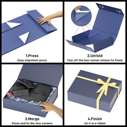 PSHVYM Gift Boxes with Lids, 11.5x7.8x3 In Gentleman Blue Gift Box for Presents Magnetic Closure for T-Shirts, Gloves, Scarves, Books, Baby Clothes, Robes Clothing Gift Wrap, Contains Card, Ribbon