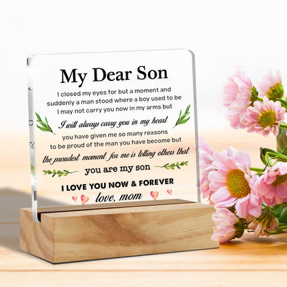 Mom's Gift to My Son: Acrylic Desk Plaque Sign with Wood Stand for Home Office