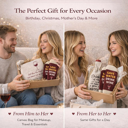 Wine Gifts for Women – 5-Piece Set with Socks, Towel, Makeup Bag & Bottle Gift Bag. Practical Birthday Present for Mom