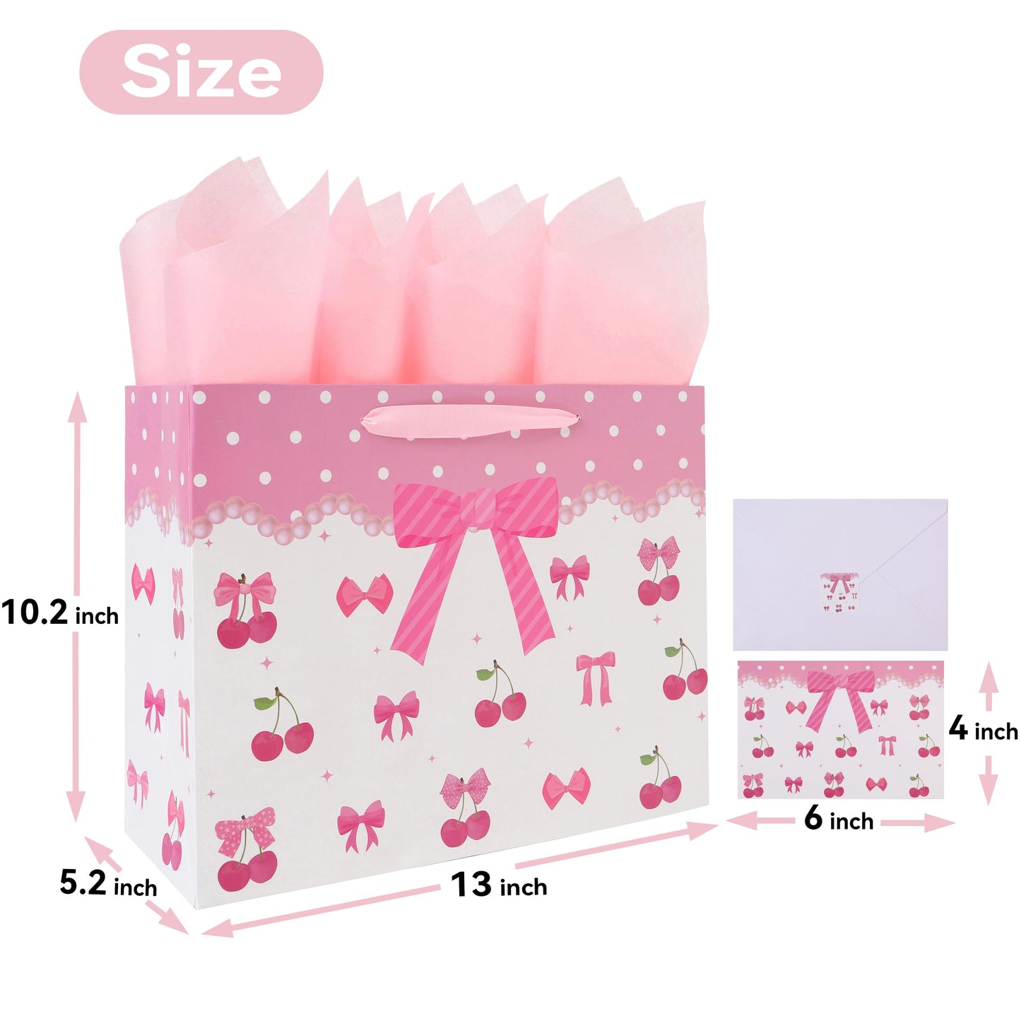 13'' Large Red Bow Gift Bag Set with Handles, Greeting Card, Pink Tissue Papers and Stickers for Women Girls for Birthday, Wedding, Bridal Shower, Baby Shower, Red Bow Design, 1 Pcs