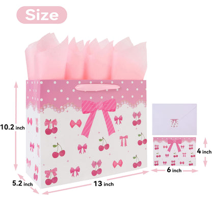 13'' Large Red Bow Gift Bag Set with Handles, Greeting Card, Pink Tissue Papers and Stickers for Women Girls for Birthday, Wedding, Bridal Shower, Baby Shower, Red Bow Design, 1 Pcs