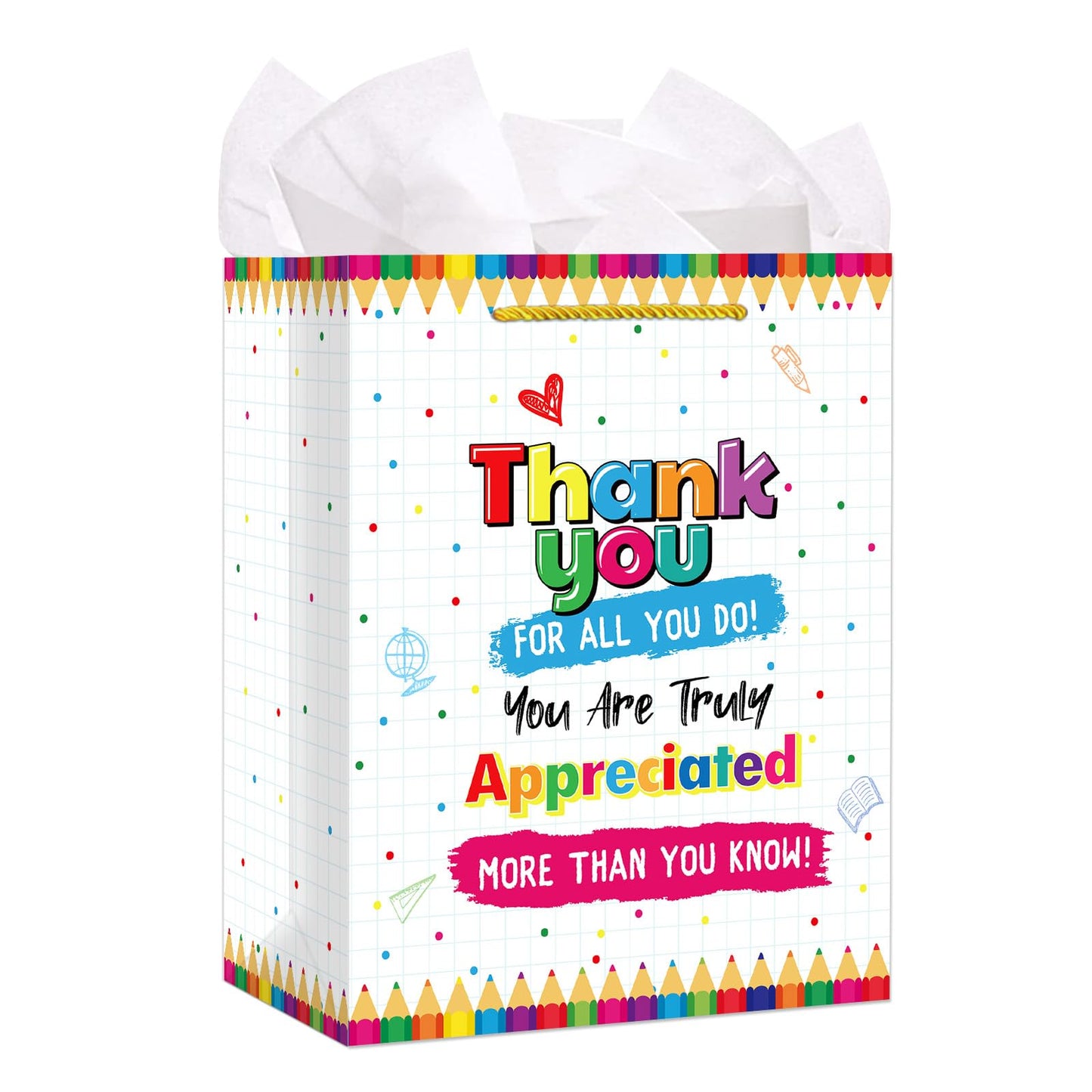 FaCraft Teacher Appreciation Gift Bags - 11.5" Teacher Gift Bag with Tissue Paper and Handles - Thank You for All You Do Bag for Graduation Retirement End of Year Teacher Gifts from Students