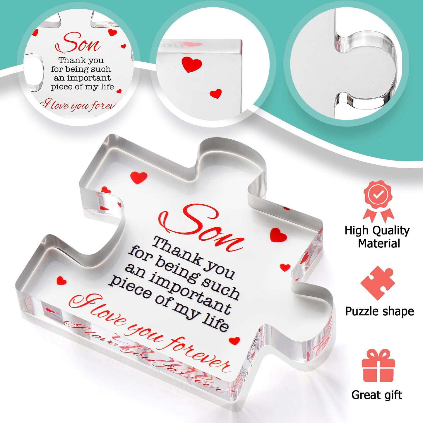VELENTI Gifts for Son - Engraved Acrylic Block Puzzle Son Gift 3.35 x 2.76 inch - Son Thank You Gift from Mom and Dad - Son Birthday Gift - Christmas, Graduation Gift for Men, Boys