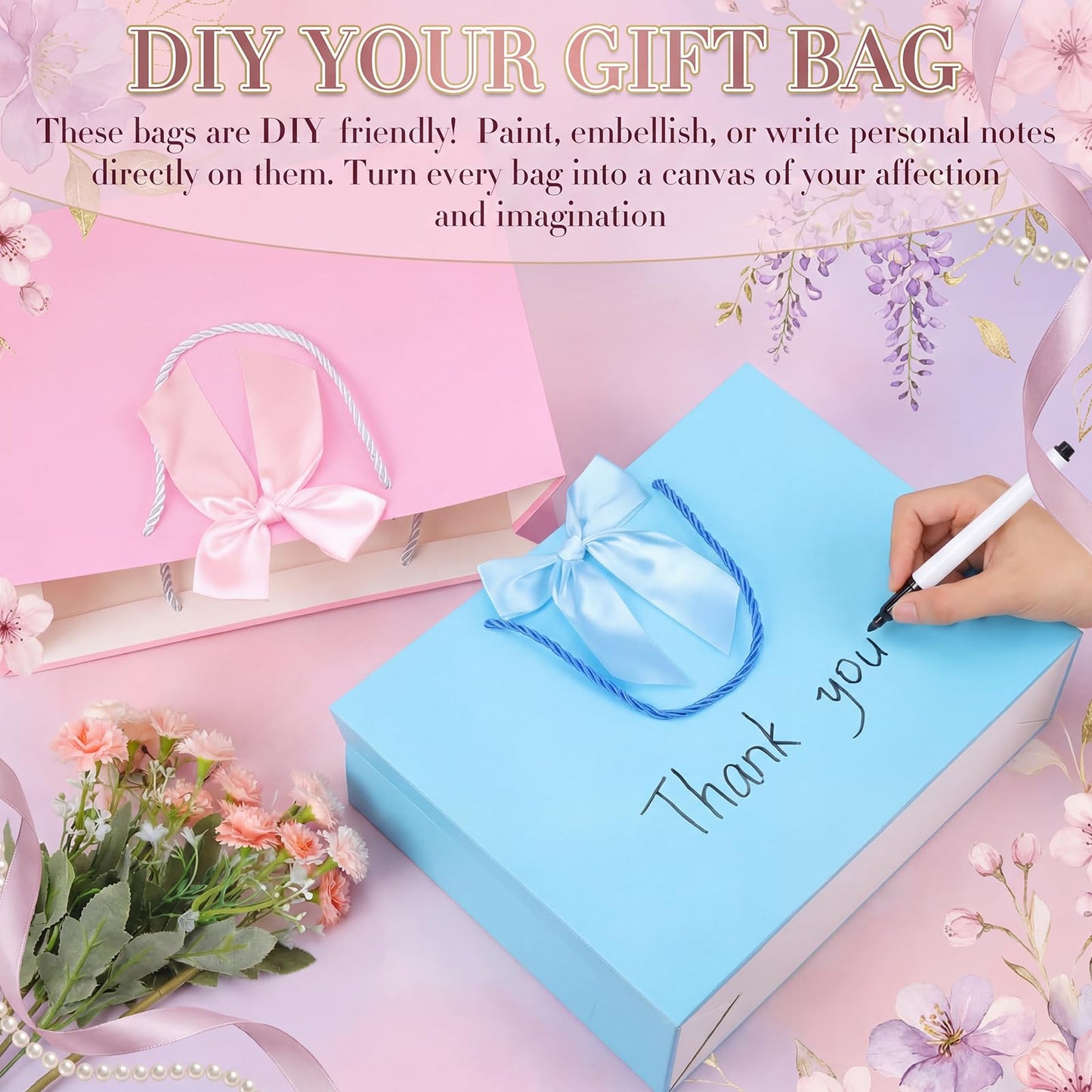 Sabary 12 Pcs Pastel Birthday Gift Bags with Handles and 24 Pre-tied Decorative Ribbon Rows, 12.6" x 9.8" x 4.3" Large Thank You Gift Bags for Easter Baby Shower Wedding Gifts Wrapping Party Supplies