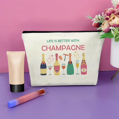 Sazuwu Champagne Lover Gift Makeup Bag Wine Trip Gifts Housewarming Drinking Themed Gifts for Champagne Lovers Best Friends Cosmetic Bag Birthday Christmas Gift for Women Wife Zipper Pouch