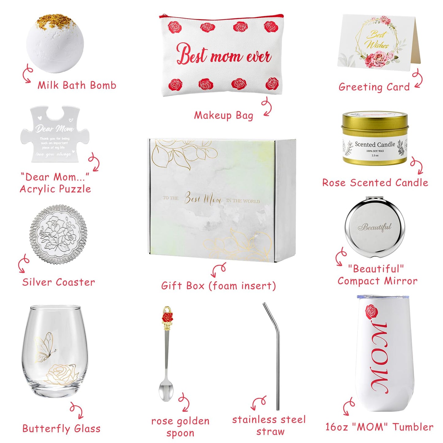Gifts for Mom, Elegant Rose Gift Basket for Women, Birthday Gifts for Mom from Daughter Son Husband Family, Coffee Mug Glass Drinking Set, Mother's Day, Mom Gift Box
