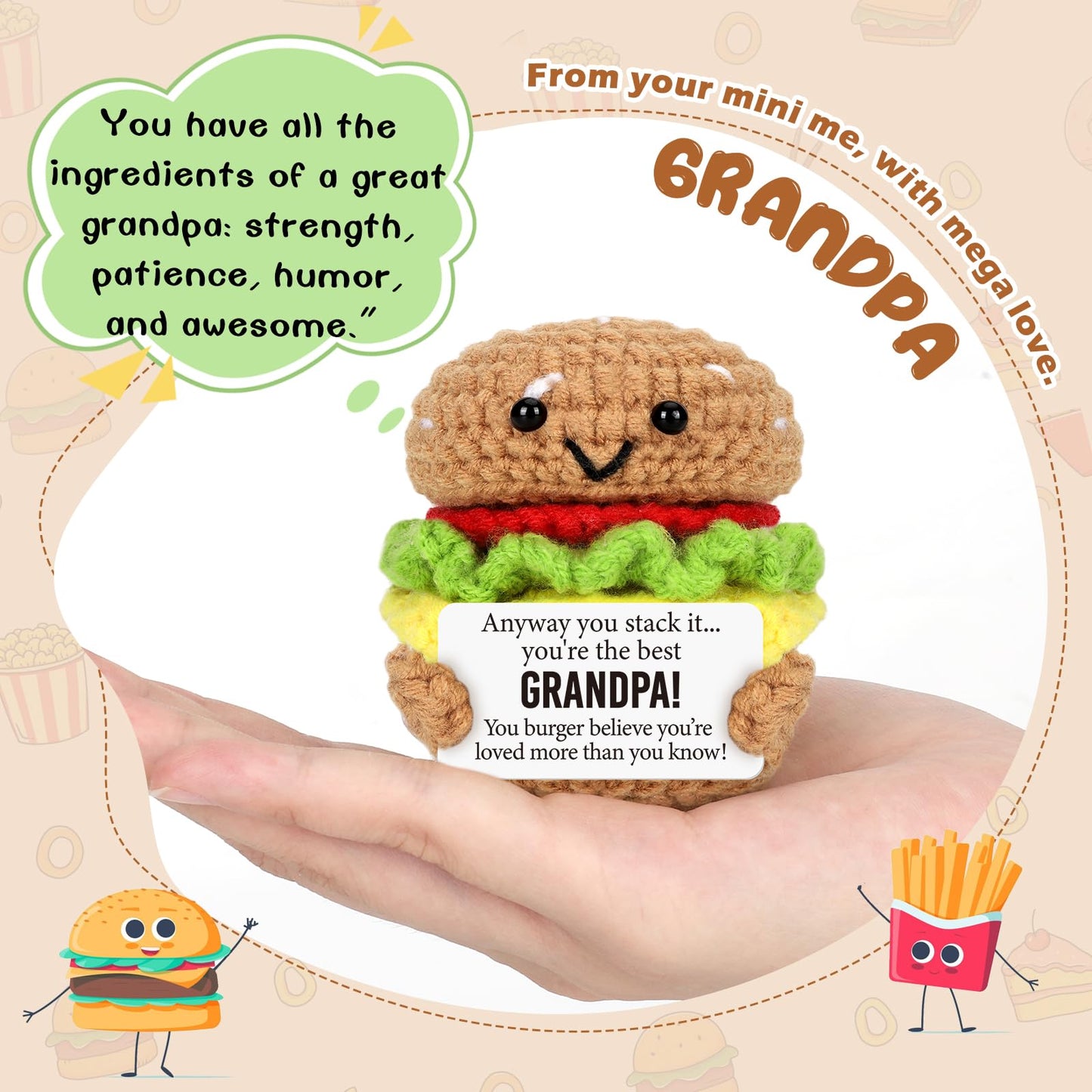 Mini Fathers Day Birthday Gifts for Grandpa from Granddaughter Grandson Handmade Crochet Burger Birthday Gifts for Grandfather Thank You Gift for Papa New Grandfather Bonus from Grandkids