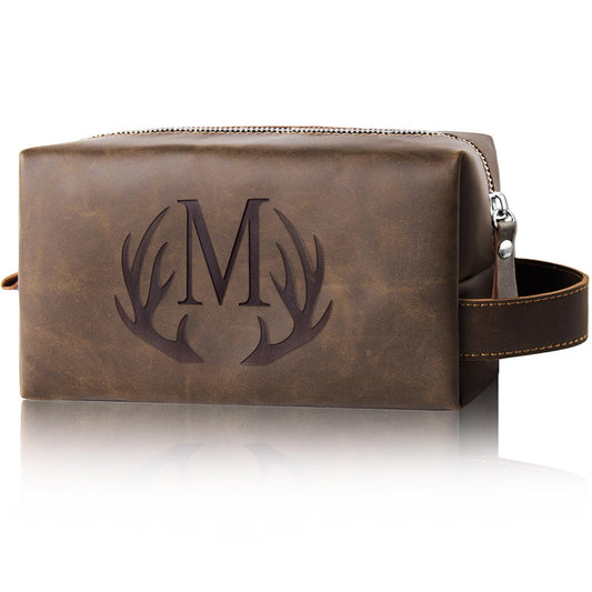 Mens Toiletry Bag Personalized Easter Fathers Day Birthday Gifts for Men Him Initial PU Leather Waterproof Shaving Bag for Toiletries Accessories Travel Essential for Dad Husband Boyfriend (M)