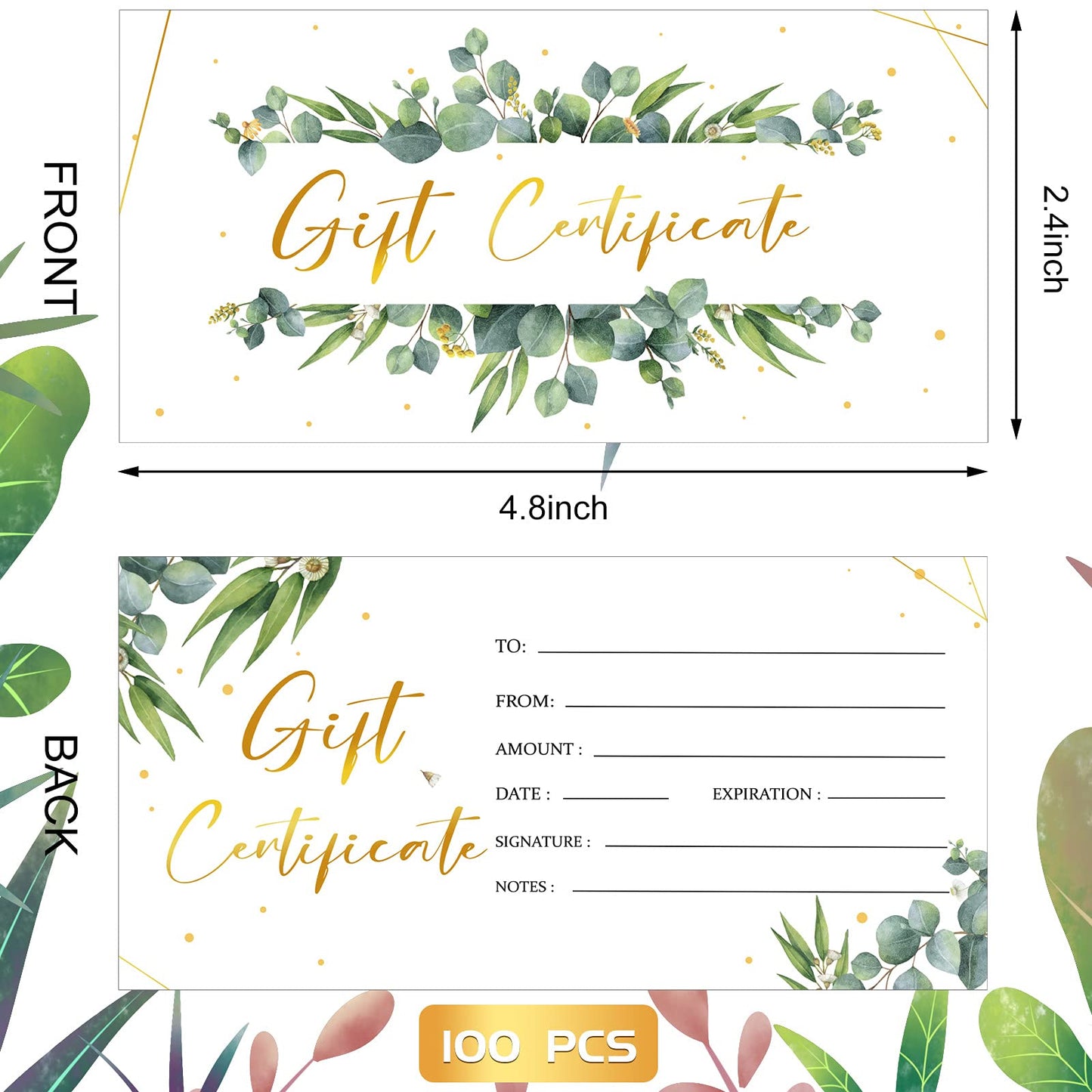 Chuangdi 100 Pcs Gift Certificate for Business Eucalyptus Blank Gift Certificate Cards Gold Foil Present Postcard Double-sided Customer Client Voucher Card for Wedding Birthday Beauty Salon Spa