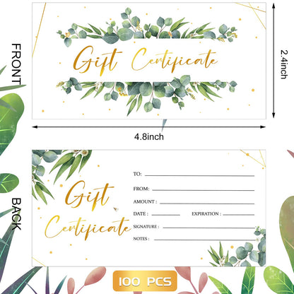 Chuangdi 100 Pcs Gift Certificate for Business Eucalyptus Blank Gift Certificate Cards Gold Foil Present Postcard Double-sided Customer Client Voucher Card for Wedding Birthday Beauty Salon Spa